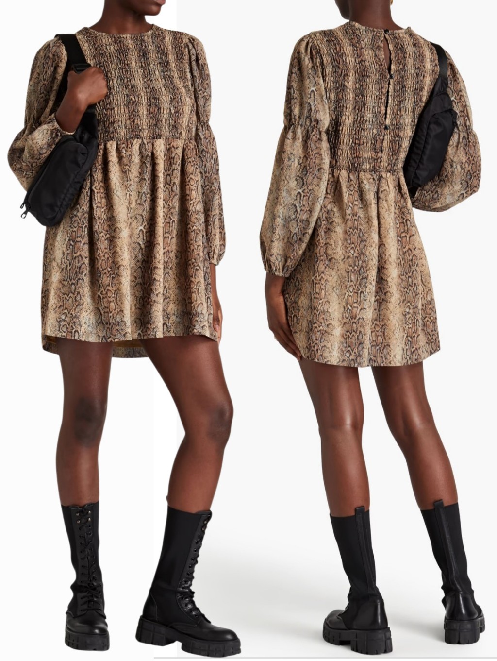Nwt! Ganni Mini Dress Snake Print Shirred Crepe Size 36 / Small 4 New Msrp $375